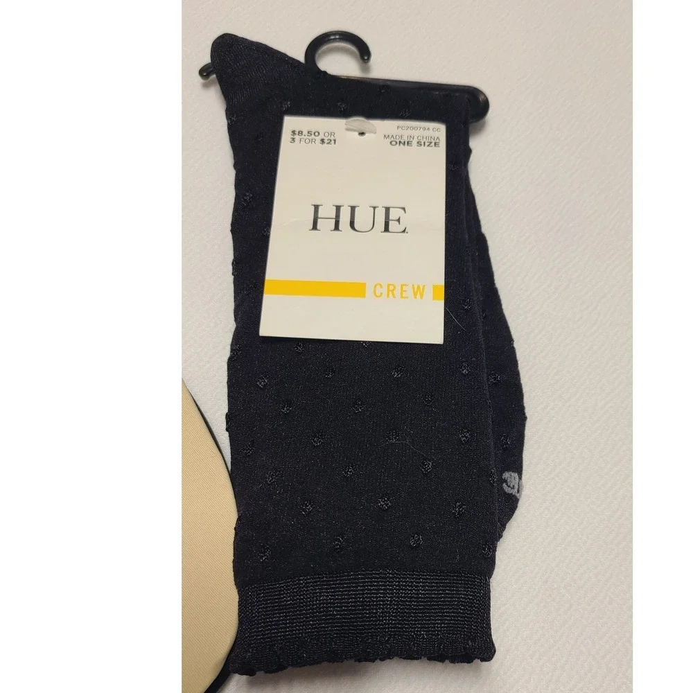 HUE Women's Socks Bundle 2 Cushioned Heel Liner Tan & Black/ 1 Swiss Dot Crew